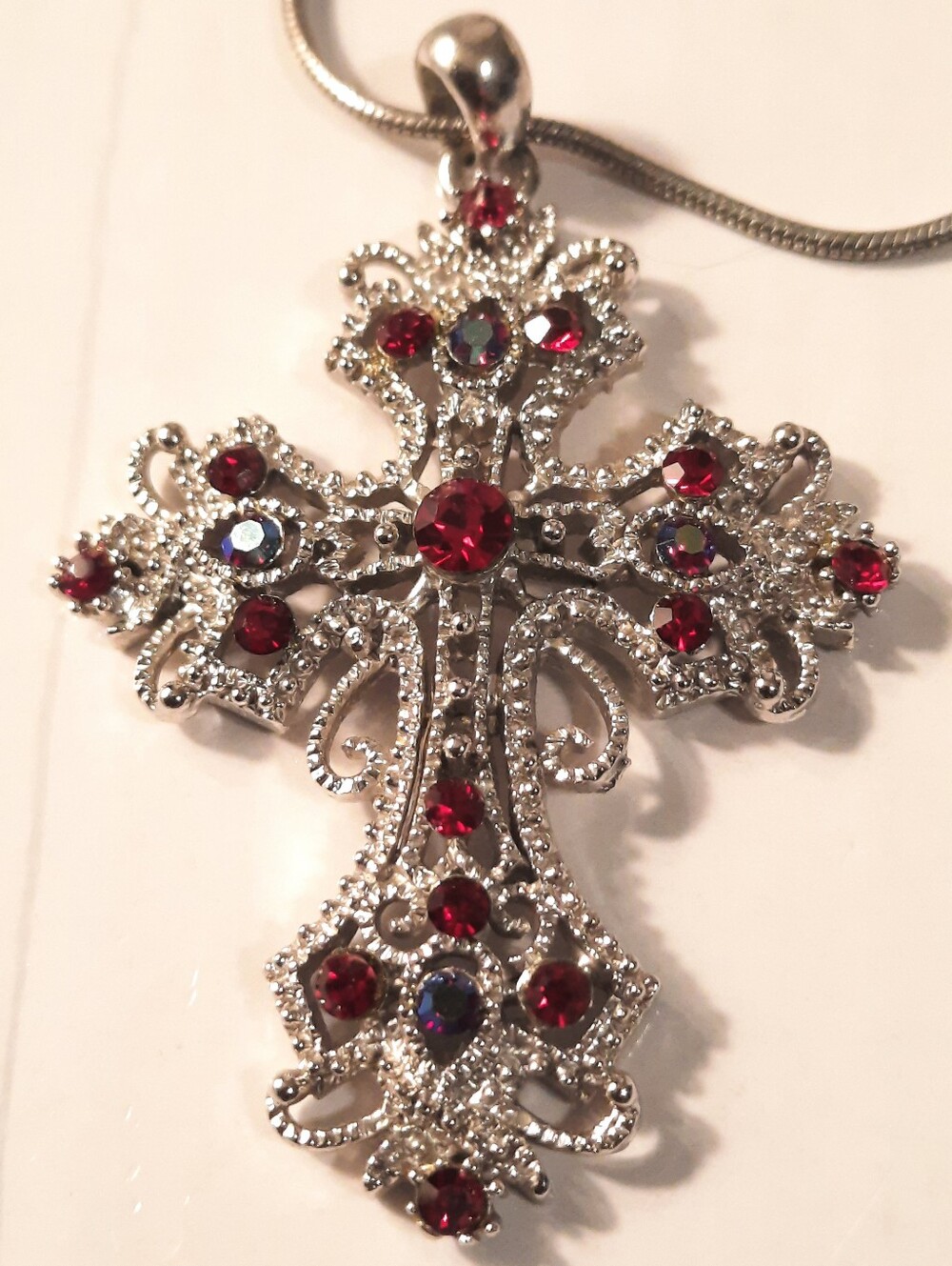 Silver-Tone Cross Pendant Necklace with Red Crystal Accents